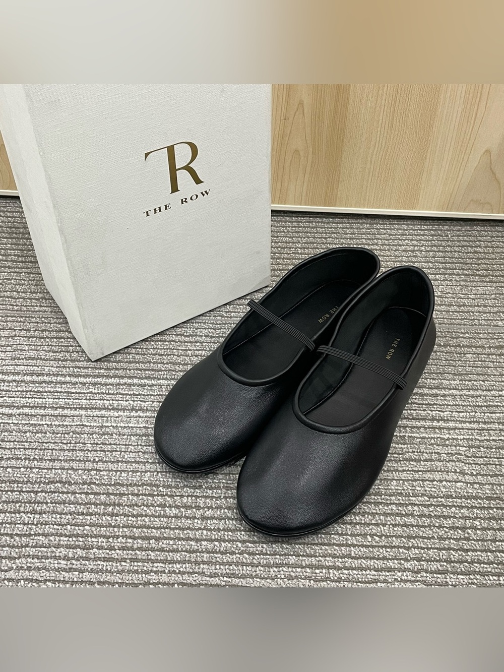 The Row Black Leather Mary Jane Ballet Flats
